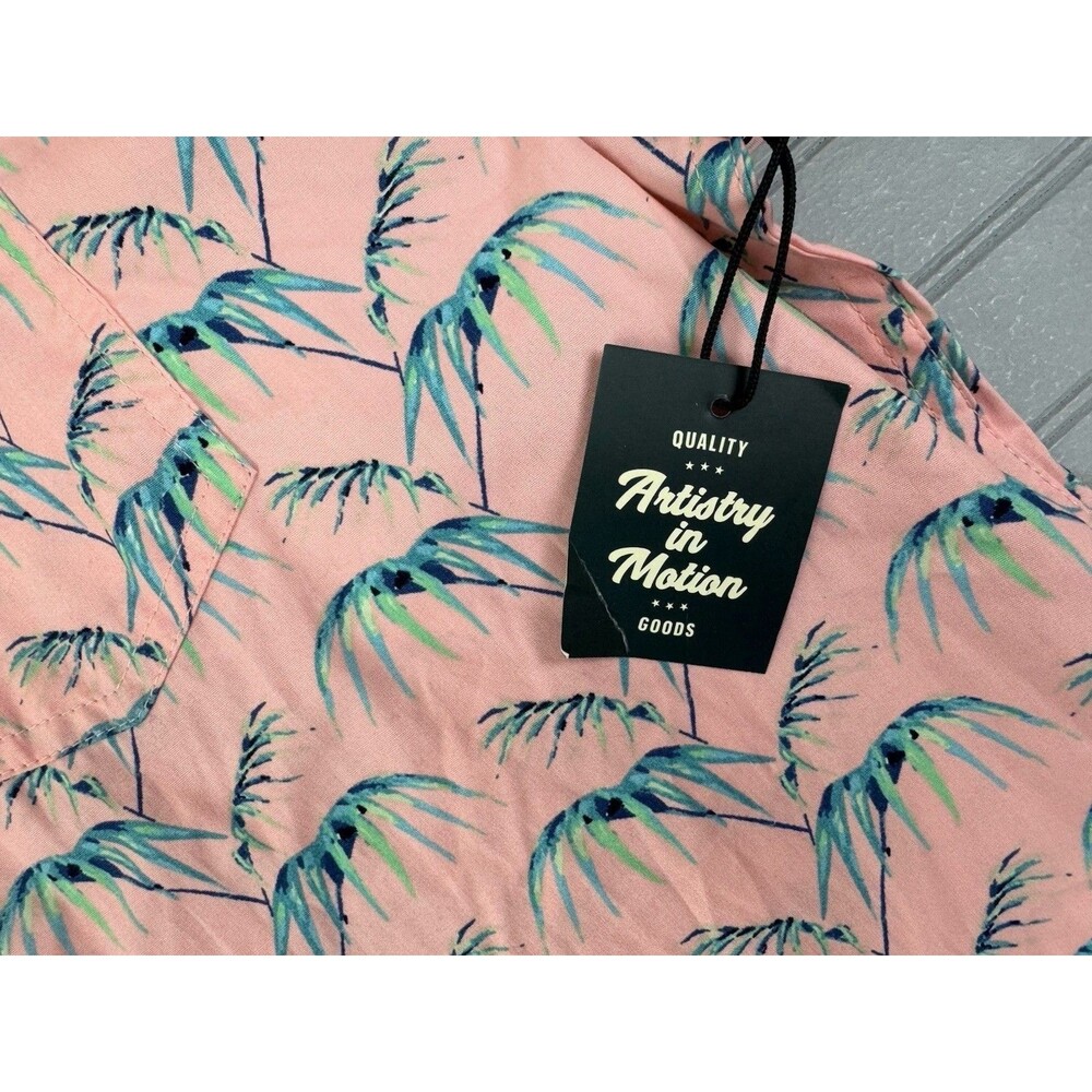 Artistry In Motion Size L Men Short Sleeve Shirt Pink Palm Trees Slim Fit Button - Picture 2 of 5